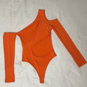 Orange One-Shoulder One Piece thong bodysuit